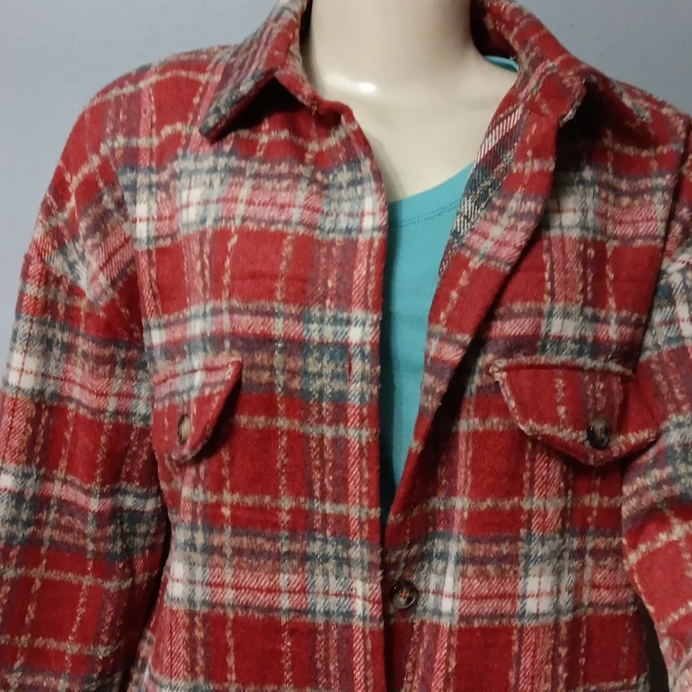 Red Plaid Trench Style Jacket - Picture 3 of 9